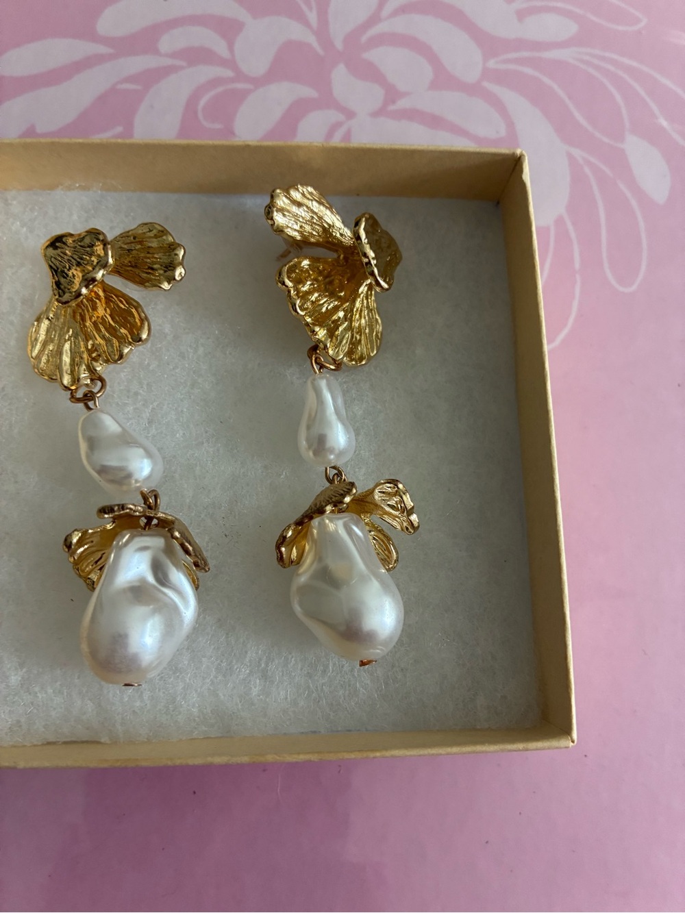 Natasha Couture Gold Floral Baroque Pearl Drop Earrings